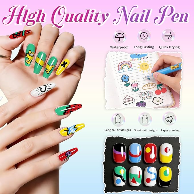 12 Color Nail Art Pens for Painting Nails, 0.5 MM Nail Polish Pens Set, Nail Pens for DIY Drawing Point Liner Acrylic Painted, Quick-drying & Waterproof, Nail Design Manicure Tools Kit