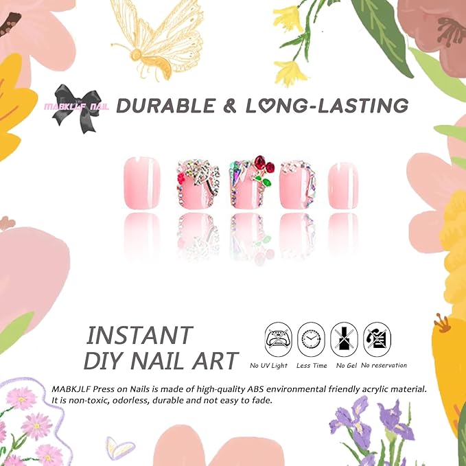 Nude Pink Press on Nails Short Square MABKJLF French Tip Fake Nails False Nails with Designs Bow Cherry Butterfly Flower Charm Rhinestones Glossy Glue on Nails Acrylic Nails for Women Girls 24 Pcs