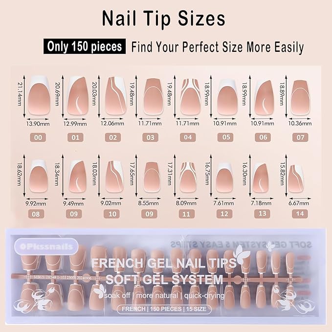 French Gel Nail Tips,5 Style 150pcs French Tip Press on Nails Short Coffin,Pre-Designed Soft Gel Fake Nails Tips, Soak Off Acrylic Fake Nails Extensions for Women Nail Art DIY 15 Sizes