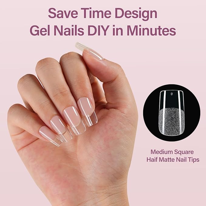 Misssix Medium Square Gel x Nail Tips Kit, 216Pcs Pre Etched Clear Fake Nails, Full Cover False Nail 9-in-1 Gel Glue and Portable Mini U V Nail Lamp for Women 12 Sizes