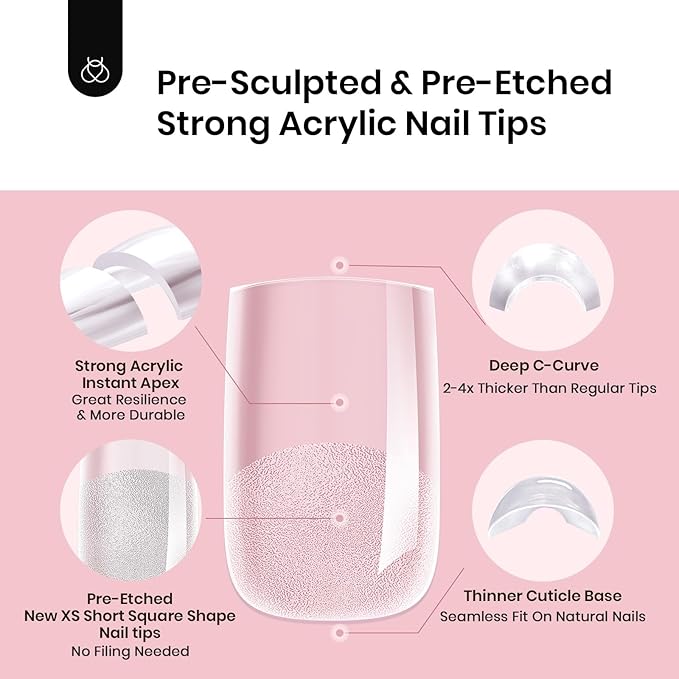 Beetles Tipex Instant Apex Nail Tips Extra Short Square: 192 Pcs Pre-Building Pre-Etched Full Cover Half Matte Thick Acrylic Nail Tips 16 Sizes