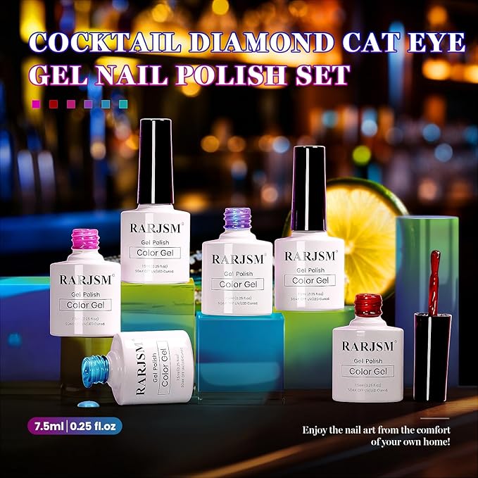 RARJSM Diamond Glitter Cocktail Cat Eye Gel Nail Polish Set 6Pcs Velvet Mint Green Sky Blue Violet Purple Fuchsia Magenta Ruby Red Smoothie Cateye Gelpolish with Magnetic Stick Curing Require