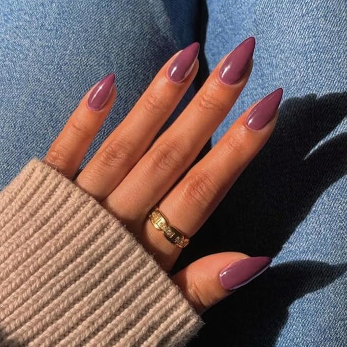 Plum Press on Nails Almond Shaped Medium Length - Neutral Acrylic Reusable Fake Nails for Women Girls, Glue on Stiletto False Nails, Soft Gel Artificial