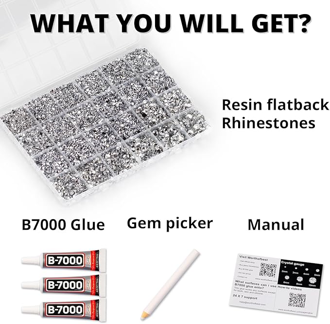 33000Pcs Silver Clear Rhinestones for Bedazzling, Bedazzler Kit with Flatback Craft Rhinestones Bulk and B7000 Glue, 2,3,4,5,6mm Resin Flat Back Crystals for Craftings, Crafts, Clothes, Shoes, Nails