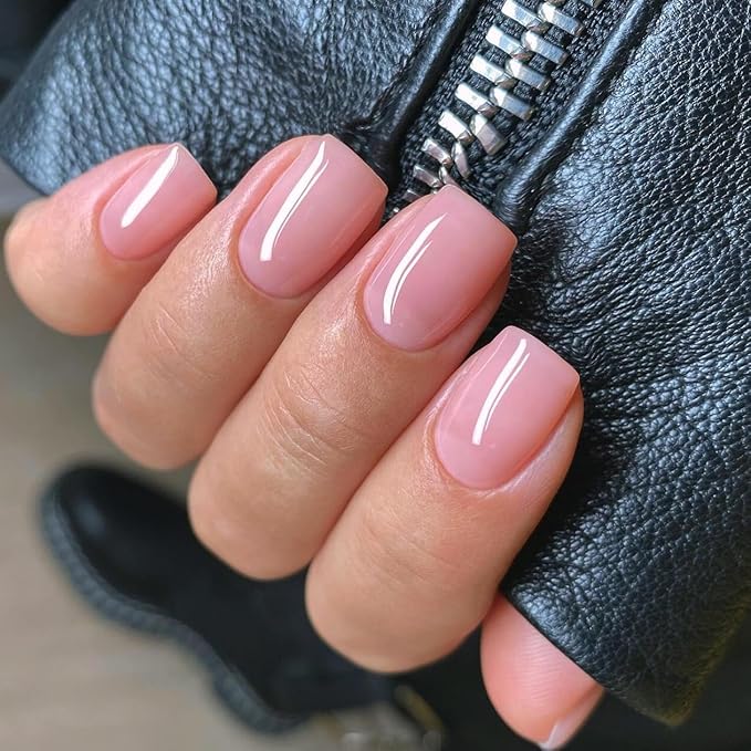 Baby Pink Press on Nails Short Square - Natural Gel Glue on Acrylic, 48Pcs Thick Reusable Fake for Women, Coffin Artificial New Solid Color