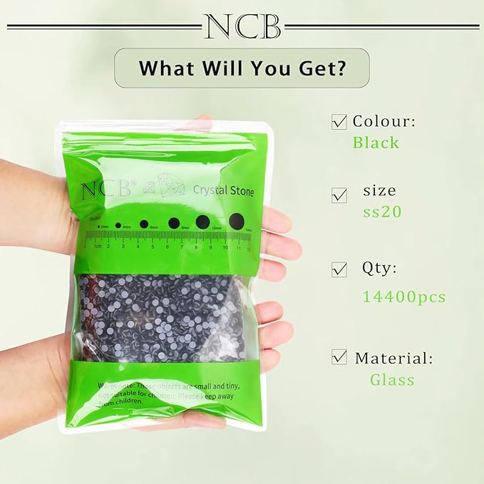 NCB 14400pcs Hotfix Crystal Rhinestones for Clothes Crafts, Hot Fix Bulk Flatback Crystals, Iron on Hotfix for DIY Decoration 100 Gross (Black, ss20/14400pcs)