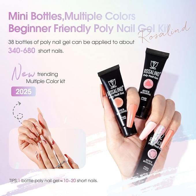 ROSALIND Poly Nail Gel Kit -38 Classic Colors +72 Nail Art Accessories kit Clear Nude Christmas Poly Nails Gel Kit Starter Kit with Mini UV Lamp Slip Solution Basic Tools for Beginners with Everything
