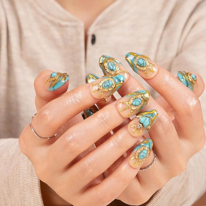 LOVFUL Press on Nails Turquoise Blue French Tip | Handmade with Full Covered Crystals | Reusable Fake Nails | Almond Regular 1.0 in | H122-S