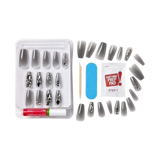 GoldFinger Premium Luxury False Nails Kit, Ready to Wear Fake Nails, Manicure Stick and Glue Included, Long Coffin Shape with 3D Rhinestones, Long-Lasting Hottest Trend Glue on Nails