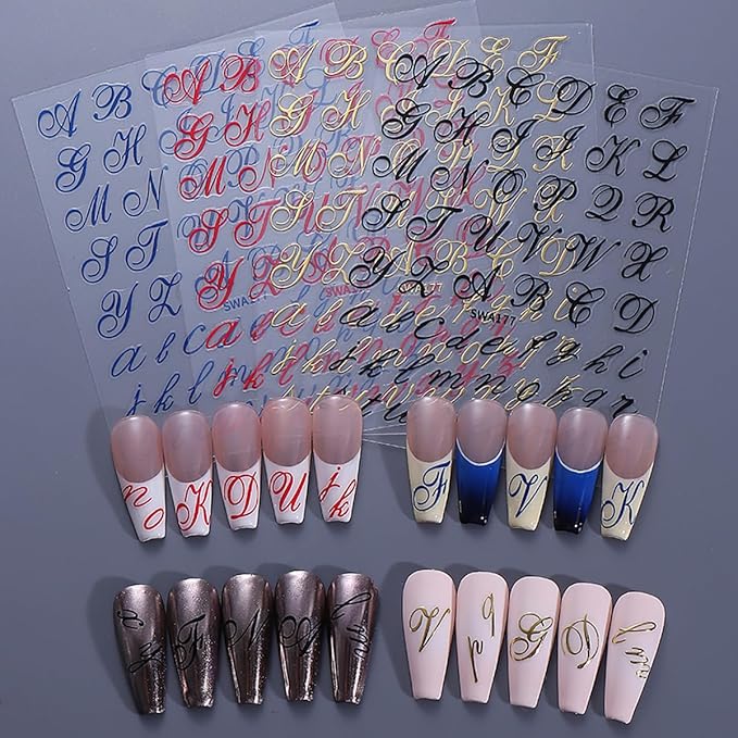 Retro Letters Nail Art Stickers Decals 8 Sheets Old English Letter Nail Stickers 3D Self-Adhesive Black Gold Red Blue Personalized Alphabet Nails Design Sticker para Uñas for Women DIY Manicure Tips