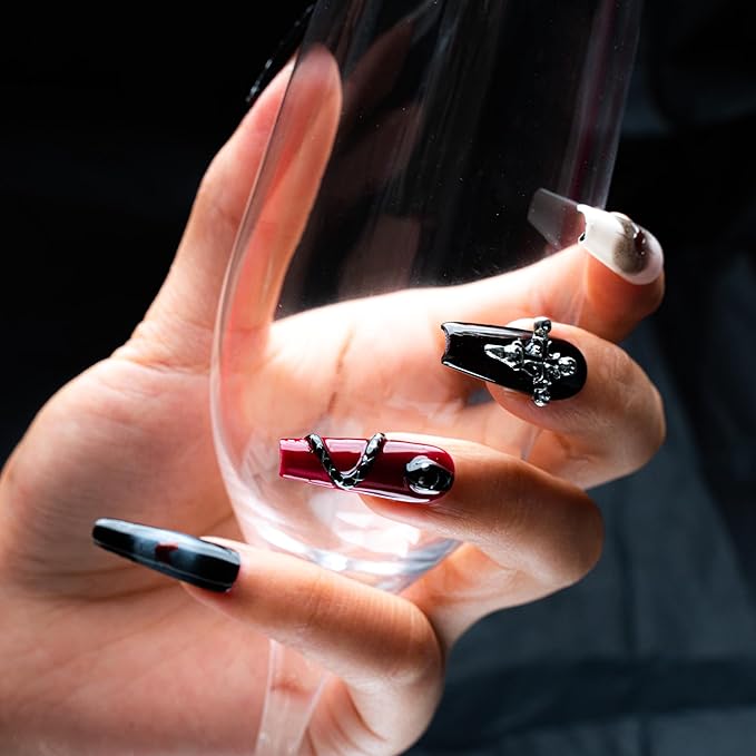 Sun&Beam Nails Handmade Press-on Long Coffin Ballerina Red White Black Silver Glam Halloween Ombre Design Fashion False Nail Tips 10 Pcs Set (#189 M)