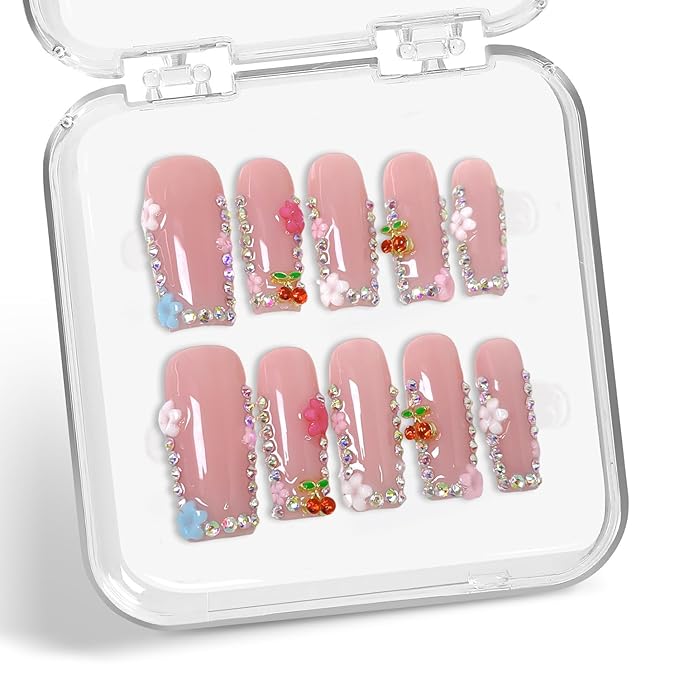 Handmade Press on Nails Long Square Fake Nails with 3D Luxury Cherry & Rhinestones Designs Flower False Nails Sparkly Acrylic Nail for Women 10pcs (S）