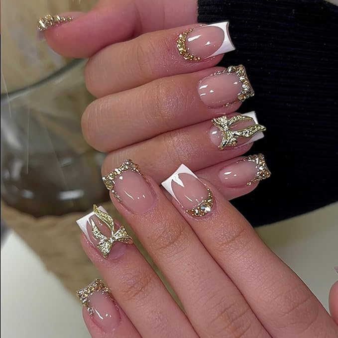 Square Press on Nails Short Fake Nails with Designs Bow Stick on Nail White French Rhinestone Acrylic False Nail Glossy Artificial Nail Full Cover Glue on Nails for Women 24Pcs