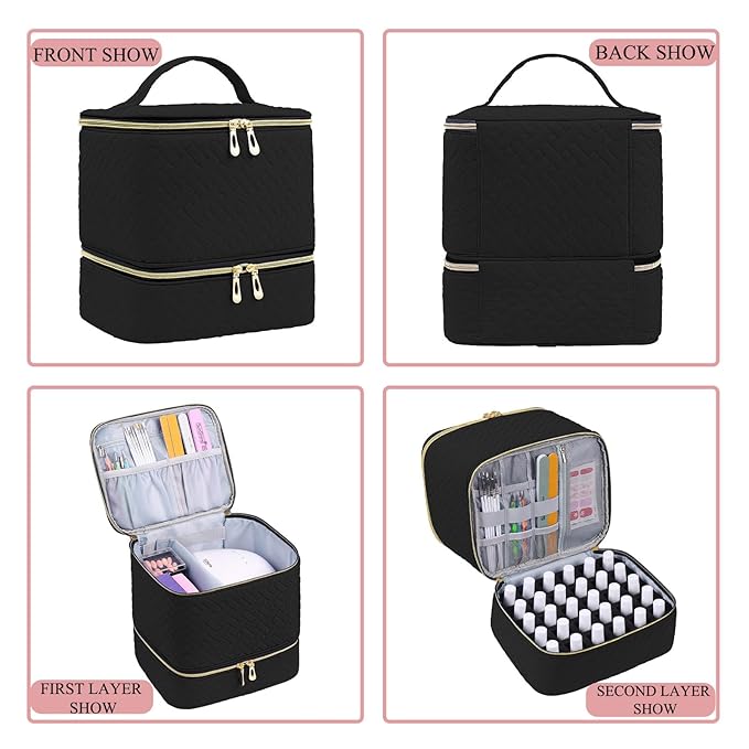 Nail Polish Organizer, Nail Polish Storage Holds 30 Bottles & Nail Lamp, Double Layer Nail Bag Organizer Case, Portable Nail Polish Holder for Nail Tech Travel & Manicure Kit