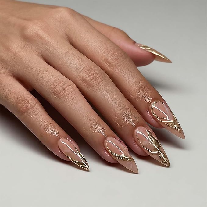 Almond Press on Nails Gold Stripes Fake Nails Medium False Nails Glossy Nude Acrylic Nails Golden Metal Chrome Glue on Nail Full Cover Stick on Nail for Women Girls Manicure 24Pcs