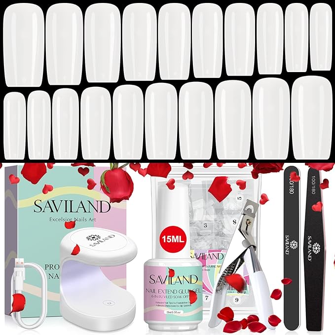 SAVILAND Gel Nail Kit – Natural Medium Square 500 PCS French Artificial Tips False Nails Acrylic Nails Full Cover Nails Tips Nail Art Home Salon Basic Set of Nail Extension