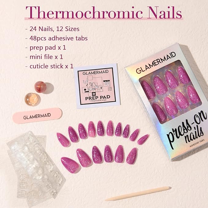 GLAMERMAID Thermo Purple Pink Press on Nails Medium Almond, Color Changing Ombre Handmade Gel False Nals, Stiletto Glue on Nails Kit for Women, Short Oval Stick on Acrylic Crush Fake Nail Manicure Set