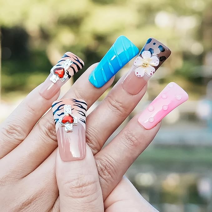 10Pcs Long Handmade Duck Press On Nails, 3D Charms Brown Tiger Stripes Flower False Nails, Blue Pink Colorful Acrylic Multi-Layer Gel Stick On Nails (Tame the Wild Heart, S)