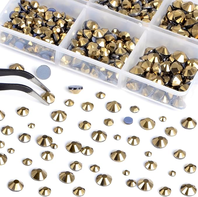 Bymitel Hotfix Crystal Rhinestones Round Gems for Crafts,Mixed 6 Sizes with Wax Pencil Kit, Aurum 1.6-6.3mm SS4-SS30/8000pcs