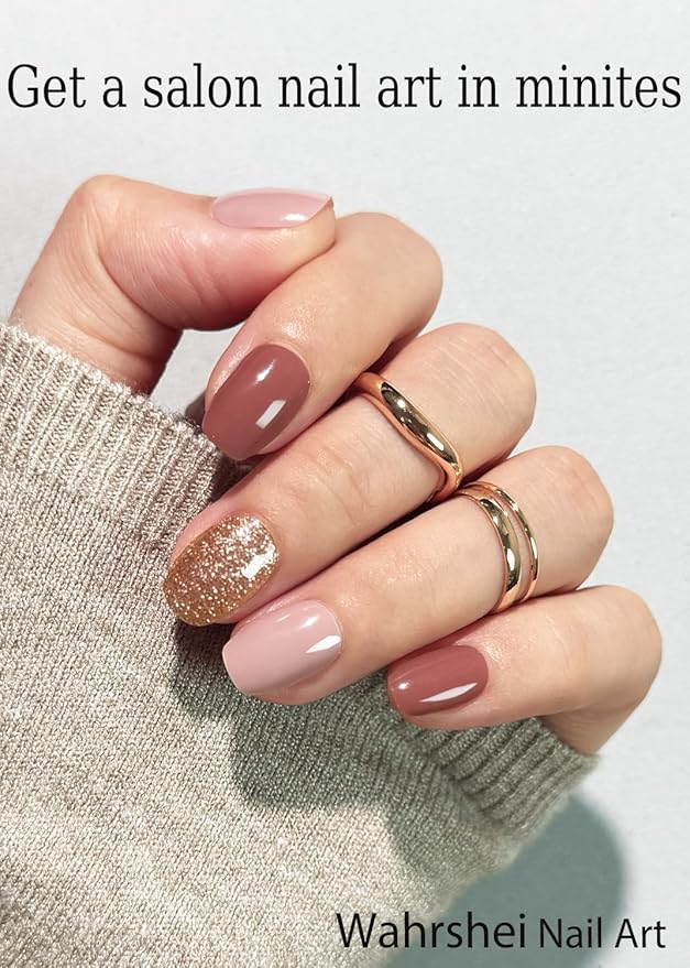 Semi Cured Gel Nail Strips, Camel Glitter 20pcs Adhesive UV Sticker, Wraps for Home Manicure DIY