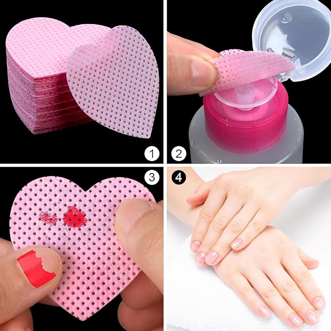 600 PCS Lint Free Nail Wipes,Non-Woven Fabric Nail Cleaning Pads Lash Extensions Glue Cleaning Wipes,accompanied by 1 Empty Pump-Style Bottle Dispenser Nail Care Set (Heart-shaped pink)