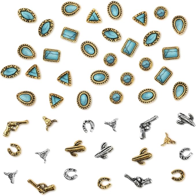 50 PCS Turquoise Nail Charms - 3D Western Nail Charms Vintage Turquoise Gems Stones Art, Retro Metal Gold Silver Cowboy Cowgirl Western Art Stickers Accessories Women DIY