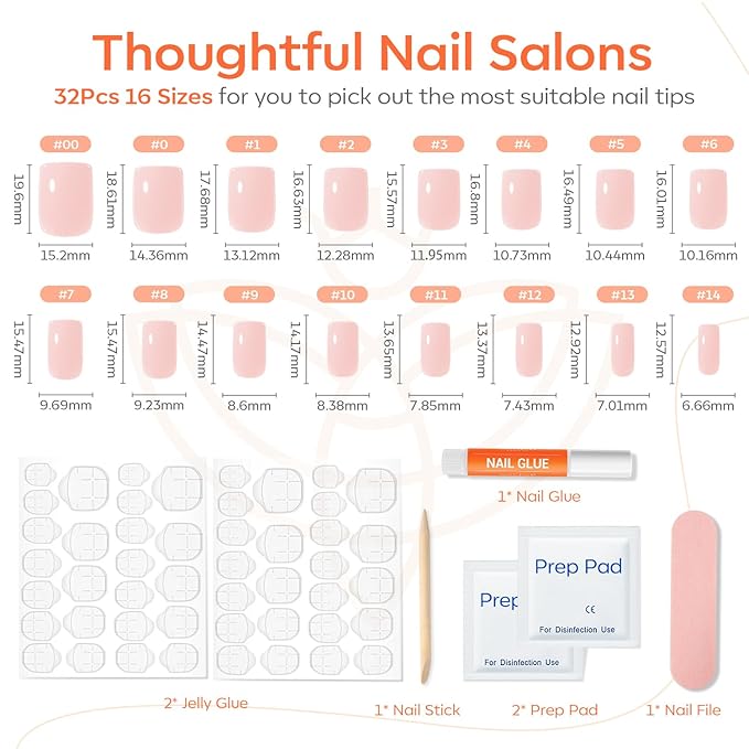 Modelones Pink Press on Nails, Spring Short Square Fake Nails, Reusable Nail Kit with Nail Glue Adhesive Tabs Mini Nail File, Nails Press Ons 32Pcs 16Sizes, Women Girl Gift