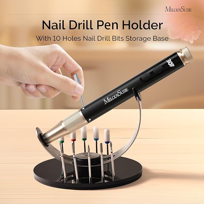 MelodySusie Pen Nail Drill Holder with 10 Drill Bits Holes,Stable Acrylic Base Stand for Most Pen-shaped Electric Nail File,Especially for PC120I,PC120B,PC180G,PC180F,PC180E,PM170F,PM180G,SM220G