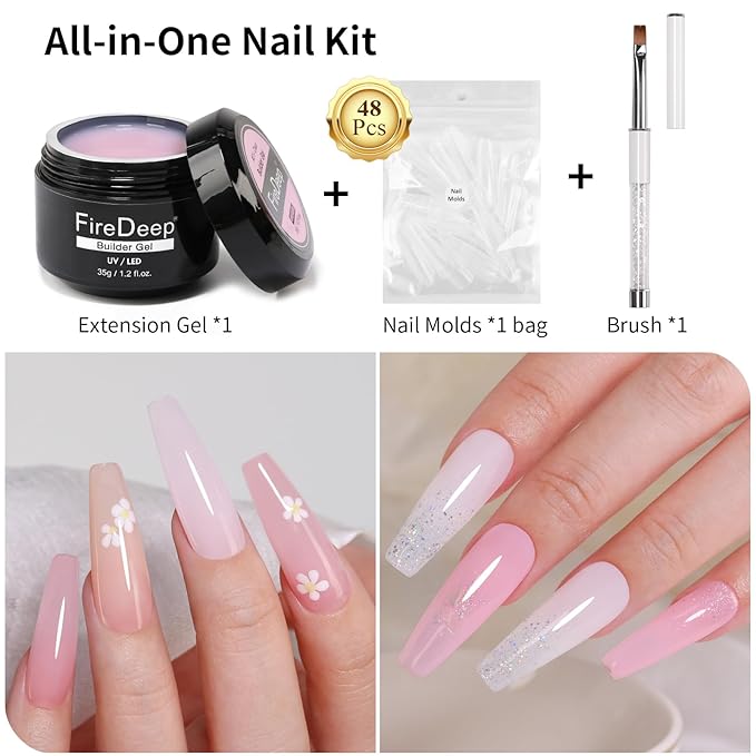 Milky Pink Builder Nail Gel Kit, 1.23 Oz Baby Pink 3 in 1 Extension Gel Set With Clear Nail Tips Model and Brush