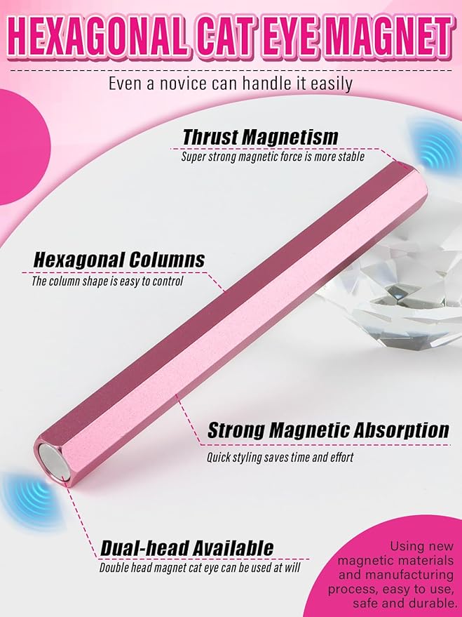 TOROKOM 5-in-1 Cat Eye Magnetic Nail Art Tool, Double-Ended Hexagon, Pink