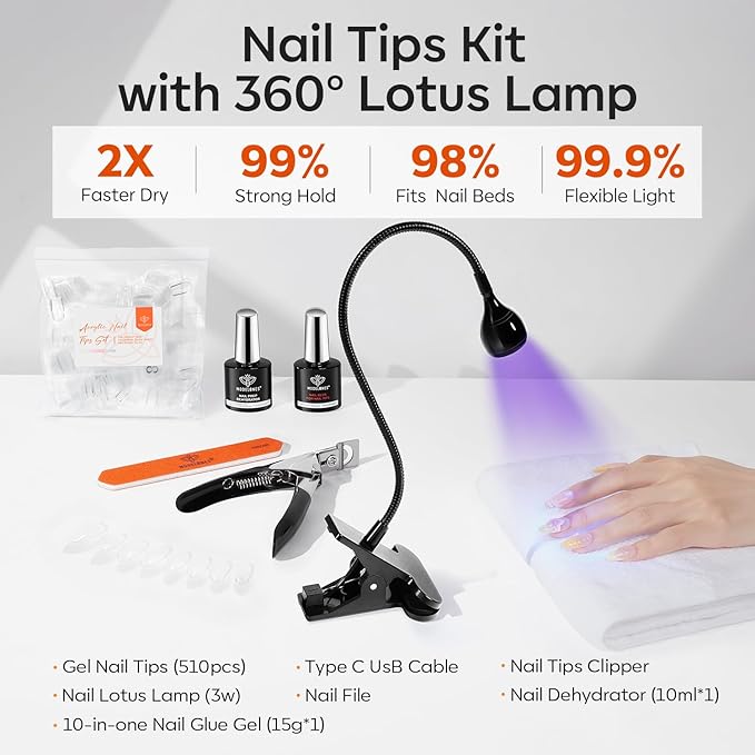 modelones X Nail Gel Kit Almond, 510Pcs Nail Tips & LED Lamp Gooseneck and Clamp, 10-in-One Glue Prep Dehydrator, 15Size Medium Almond Press on Tip Adjustable U/V Light Easy Extension DIY Women Gift