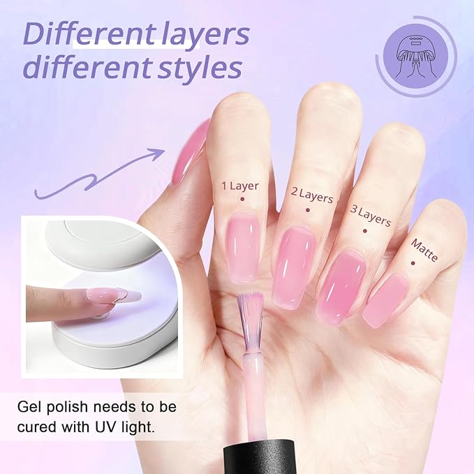 JODSONE 18ml Fairy Pink Jelly Gel Nail Polish Pink Gel Polish Soak Off UV LED for Salon Manicure and Nail Art DIY at Home