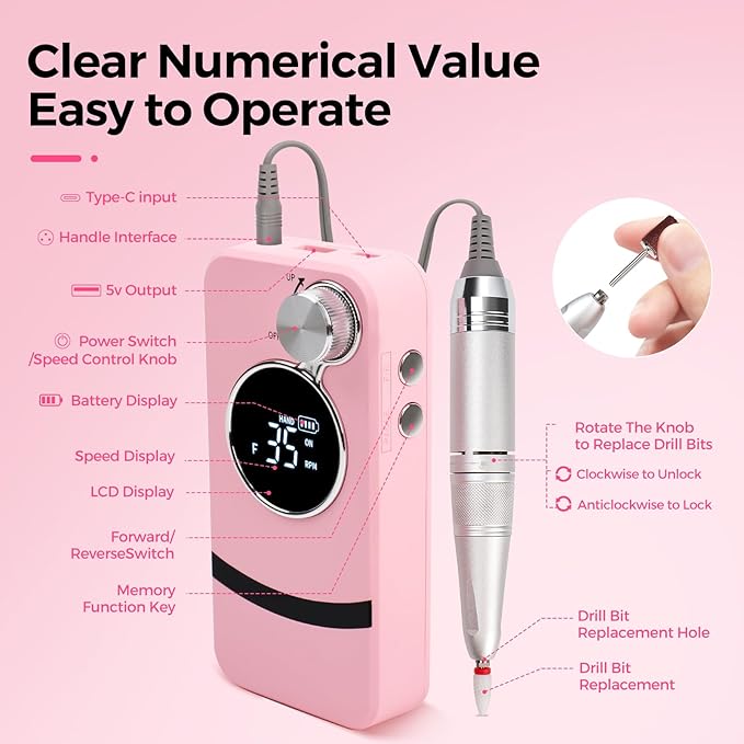 Vrenmol Professional Nail Drill Kit: 35000RPM Electric Nail File 6000mAh Portable N ail Drill Machine with Nail Drill Bits for Nail Tech Acrylic Nail Art Manicure Pedicure Salon at Home