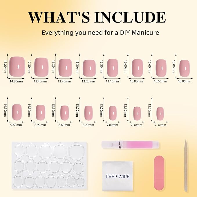 Nude Press on Nails - Short Square Nails Press ons for Women, Reusable Glossy Nude Pink Glue On Nails 30 Pcs 15 Sizes Fake Nails Kit with Glue, Blush Nude