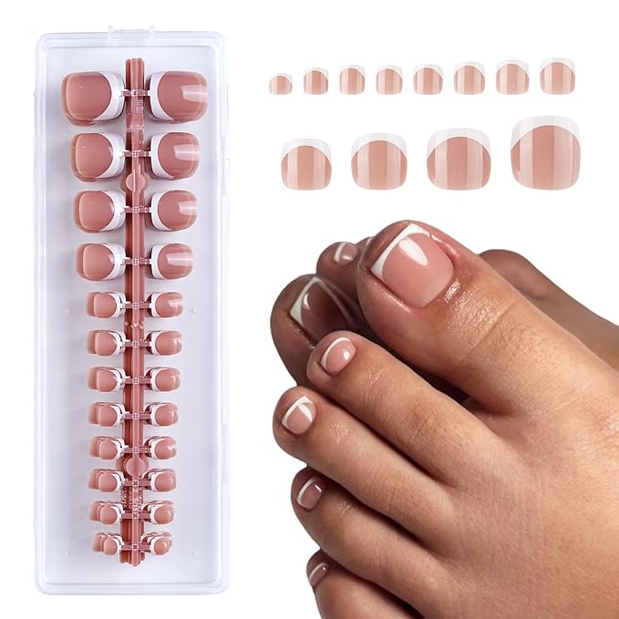 Lamemoria Pre-Design Geled Almond French Tip Press On Toenails,Medium White French Nail Toe Tips, Basic Salon Fake Nail Kit Set With Glue/Tabs/File, 240 PCS