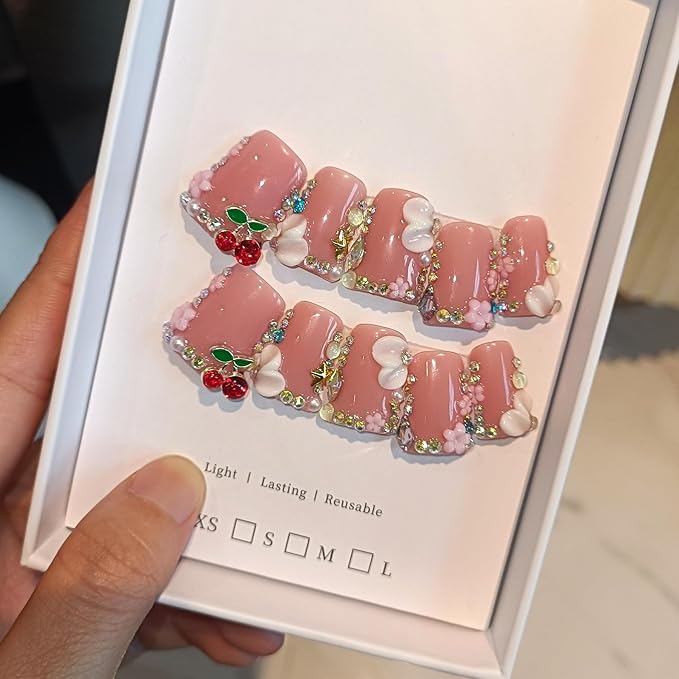 Duckbill Shape Press on Nails with Kit,3D Floral Carving Cherry Blush Pink Fake Nails with Tools,Sparkling Icy French Tips False Nails with Rhinestone,Sweet Glazed Artificial Duckbill Nails(M)