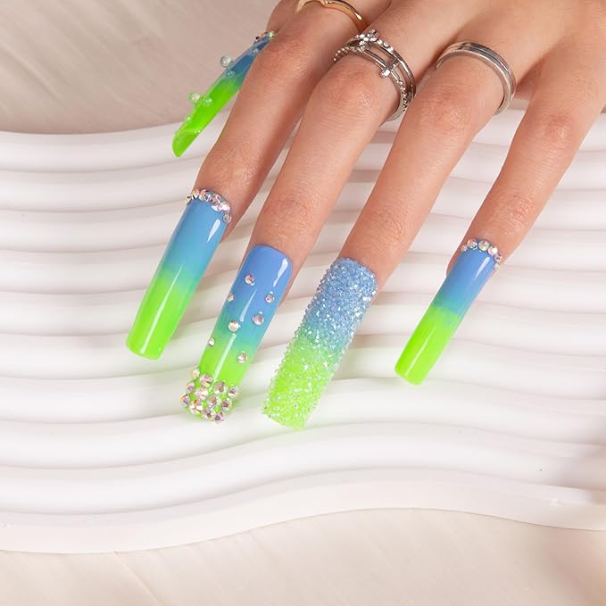 LOVFUL Press on Nails Dreamy Sky Luxury| Handmade with Full Covered Crystals| Reusable Fake Nails| Square Mid length 1.7in| H69-L