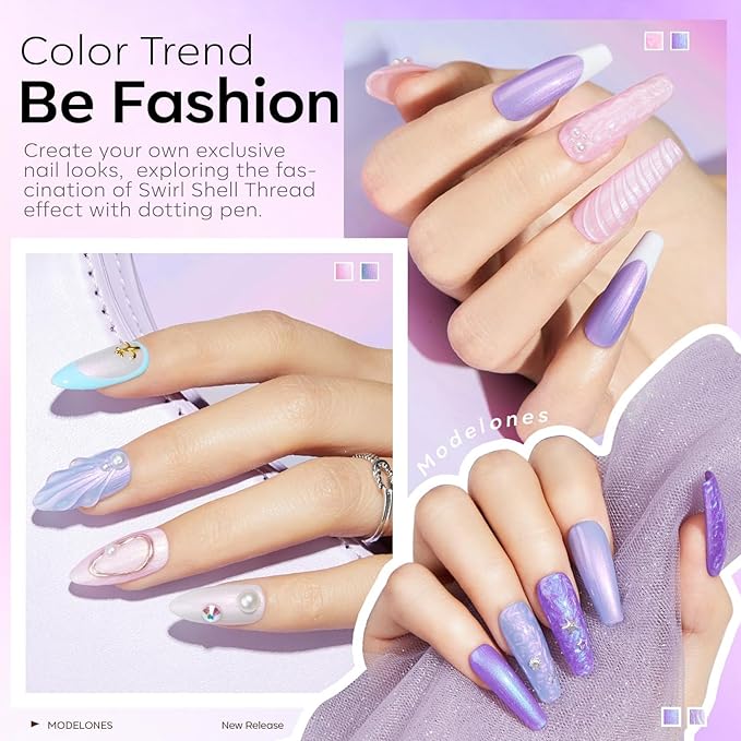 Modelones Gel Nail Polish, 6 Colors 2026 Spring Pastel Shimmer Pearl White Pink Purple Mermaid Nail Drawing Glitter Gel Polish with Dotting Pen Soak Off LED Swirl Shell Thread Effect DIY Nail Art Gift