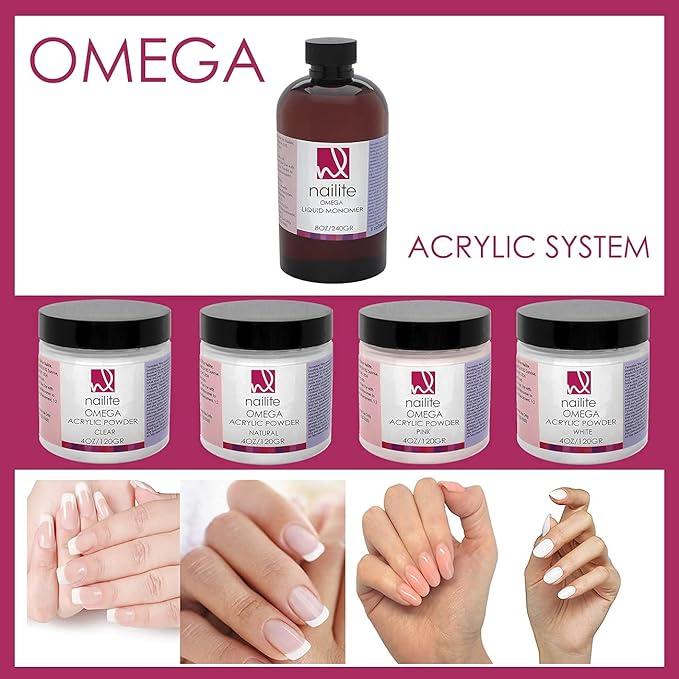 Omega – Professional Acrylic Powder for Nail Extension System, Extra Adhesion, Resistant, EMA Formula and Non-Yellowing Effect – Clear (16 Oz.)