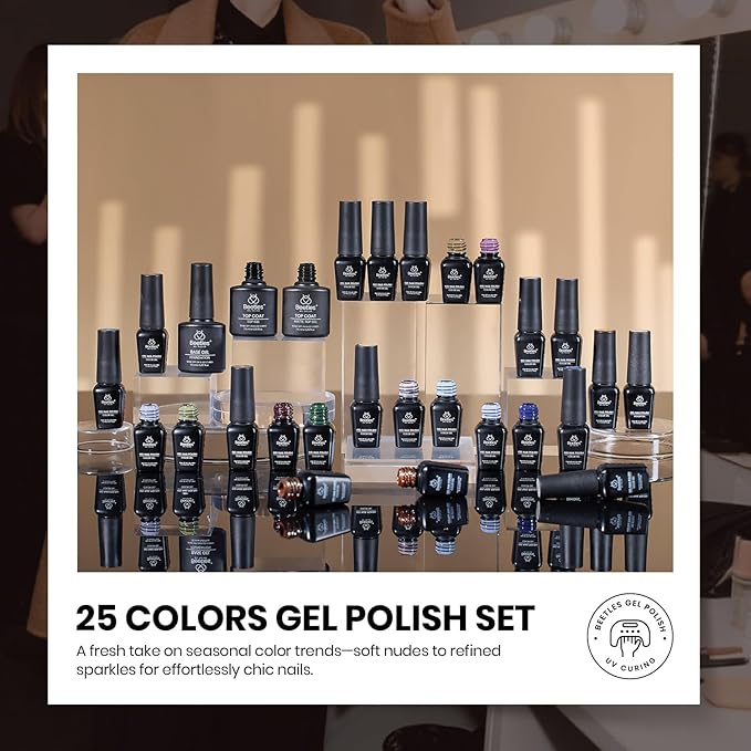 Beetles Retro Gel Nail Polish Set – Catwalk Tonal Hues 25 Colors UV Gel Polish Set, Brown Nude Blue Green Glitter with Base Glossy Matte Top Coat Soak Off UV LED Manicure Gift for Women