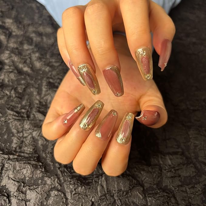 Dark Red Press On Nails Medium Long Square Fake Nails with Luxury Cat Eyes Design Stick On Nail for Woman Gift(AKA 015, Short)