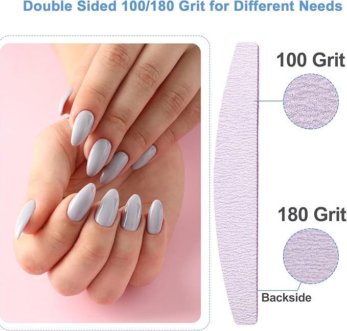 Nail Files (50 Pcs), 100/180 Grit Nail File Emery Board Bulk for Acrylic Nails and Natural Nails, Limas para Unas Acrilicas Profesional Pack Filers for Gel Nail Double Sided Manicure Curved Gray