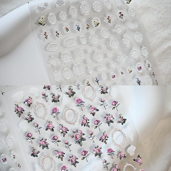 Rose Flower Frame Nail Art Stickers Pearl Rhinestones Embossed Vintage Nail Decals for Nail Art Design Self-Adhesive Nail Accessories for Women Nail Art Supplies 3 Sheets