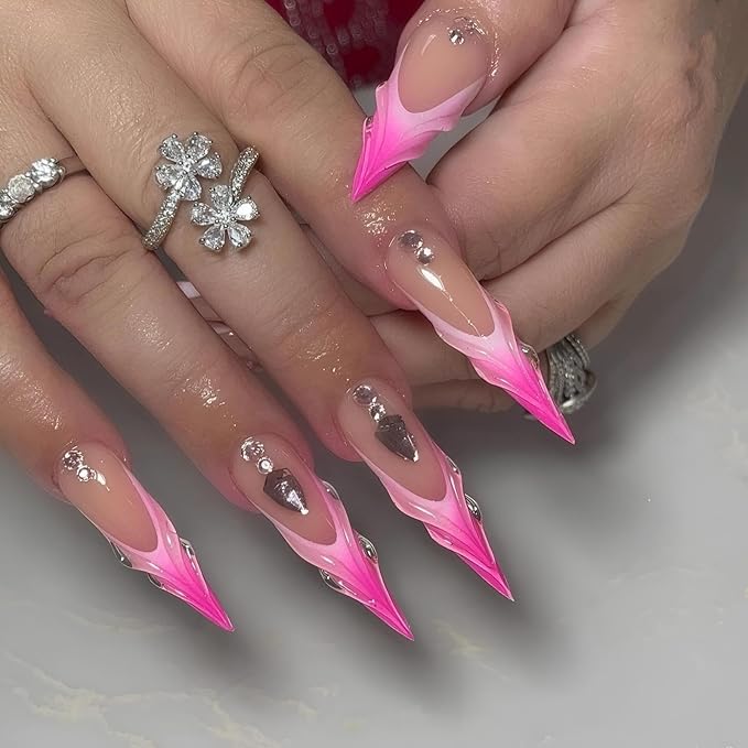 Rchvosam xxl French Tip Press on Nails Extra Long Almond False Nails Press Ons 3D Stripe Diamond Design Fake Nails Full Cover Acrylic False Nails Gift for Women 24pcs