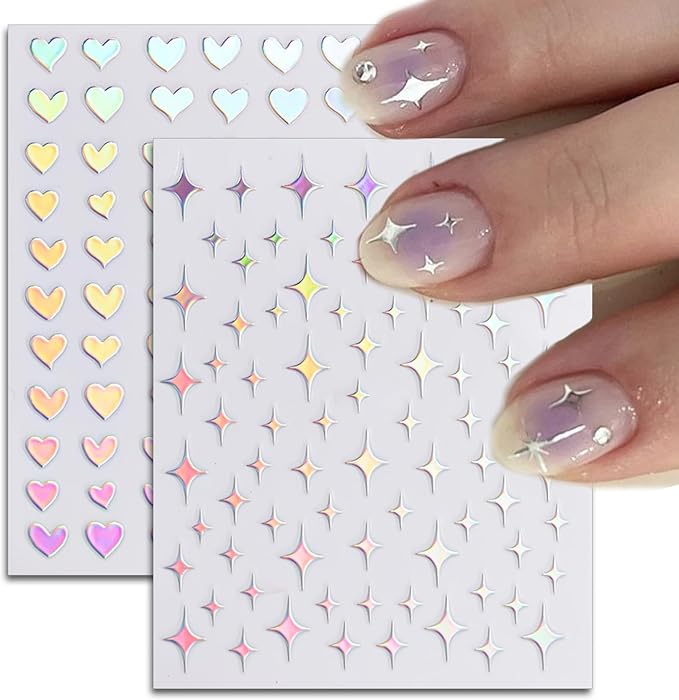 24 Sheets Aurora Nail Art Stickers, Holographic Self-Adhesive Pegatinas Uñas Glitter Design Moon Star Sparkles Heart Line Nail Decals