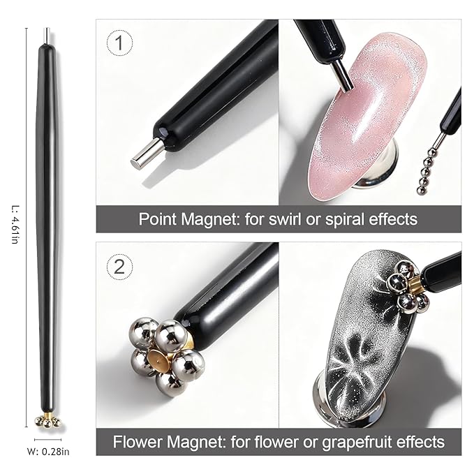3 in 1 Cat Eye Magnet Brush Pen, Double-Ended Magnetic Wand with Brush for Cat Eye Gel Nail Polish, Heart Bunny Spiral Swirl Effect Nail Art Tools, Multifunctional Manicure Accessories