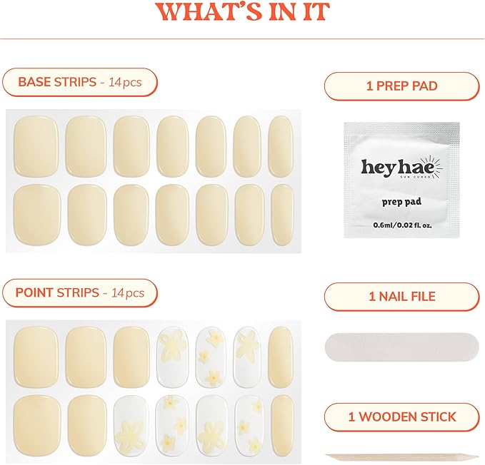 Heyhae Semi Cured Gel Nail Strips | No LED Lamp Needed | Solid, Yellow, Spring |Easy Apply & Remove, Salon Quality|Includes 28 Strips, 1 Prep Pads, Nail File & Wooden stick- Hey, Let's Catch Some Rays