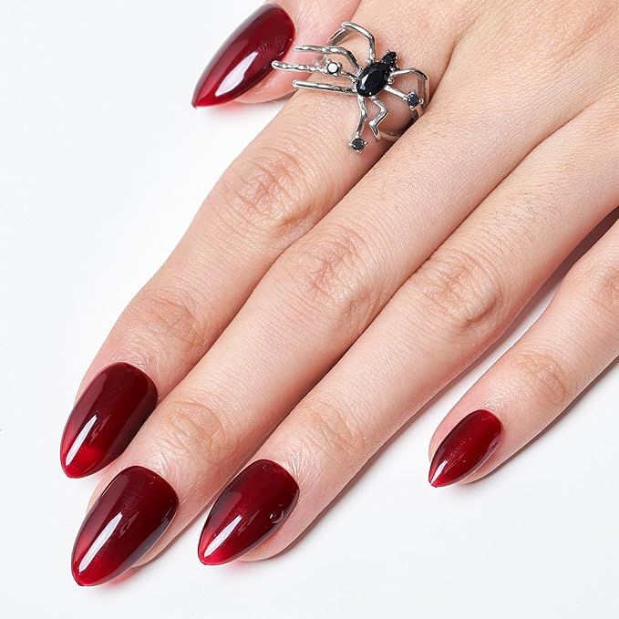 GLAMERMAID Dark Red Press On Nails Short Almond, Valentines Blood Deep Red Handmade Soft Jelly Gel Fake Nails Burgundy, Round Oval Stick Glue on Nails Kit for Women Girl Gift, Reusable False Nail Set