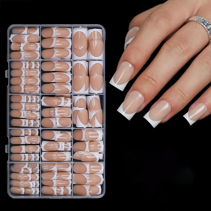 Anyos French Tip Press On Nails-300Pcs Sharp Square Gel Nail Tips Short,No File Need Tips Pre-Designed,Fake Nails for Nail Art DIY 15Sizes(Brown)