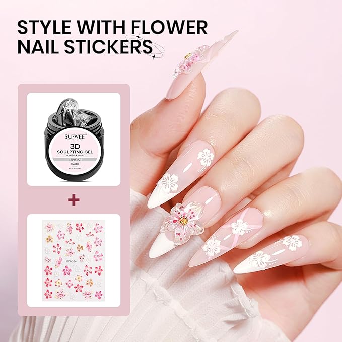 3D Nail Sculpting Gel, Clear Molding Gel for Nail Art Non-Sticky for Extension Carving with Nail Stickers & Silicone Pen Suitable for DIY Manicure Home